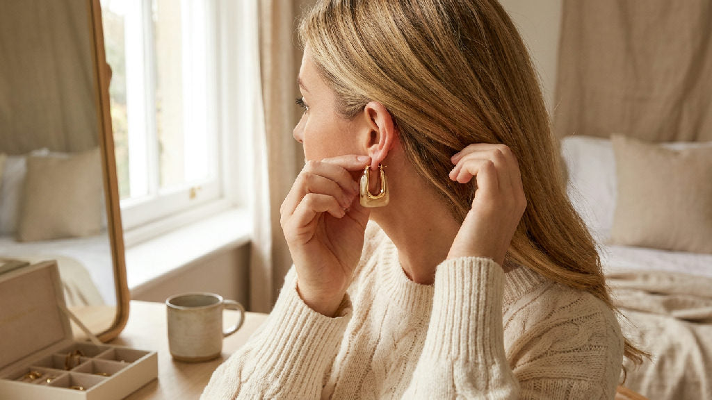 Elegante beige oorbellen van roestvrij staal, perfect voor een stijlvolle dagelijkse look, gedragen door een model