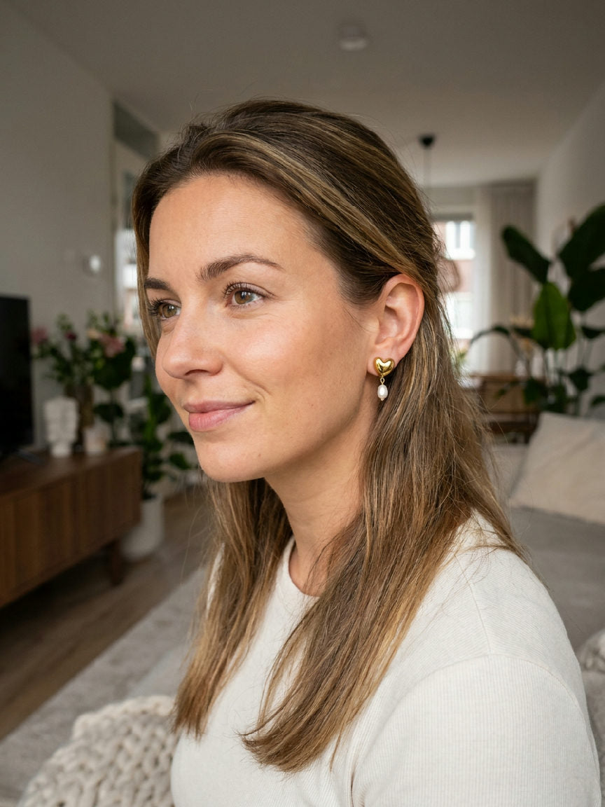 Elegante vrouw met lange bruine krullen draagt glanzende parel hart oorbellen, staand in een modern interieur, perfect voor d