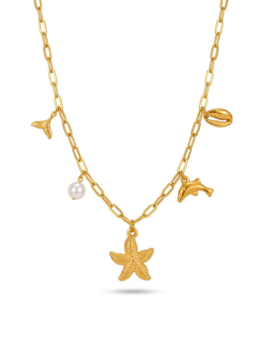 Zeester ketting in goudkleurig roestvrij staal, gedetailleerde zeester hanger aan een delicate ketting